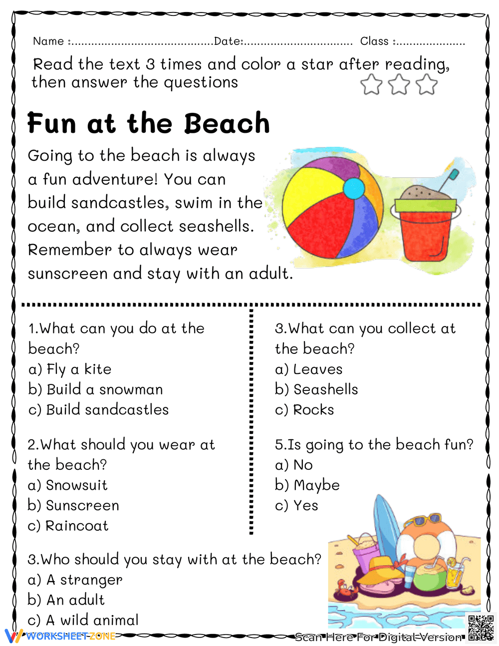 Fun at the Beach Reading Comprehension - Page 1