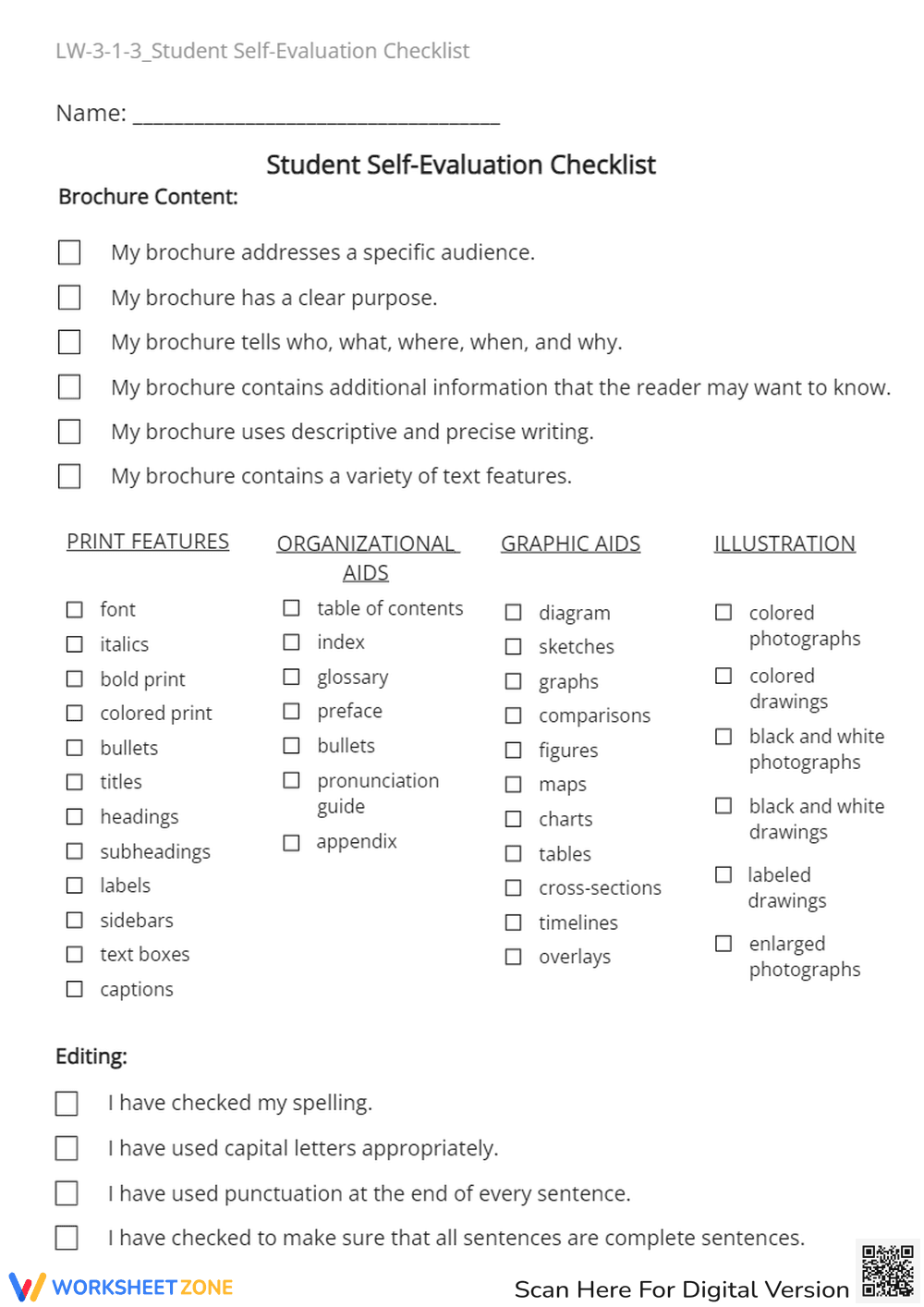 Brochure Project: Student Self-Evaluation Checklist Worksheet - Page 1