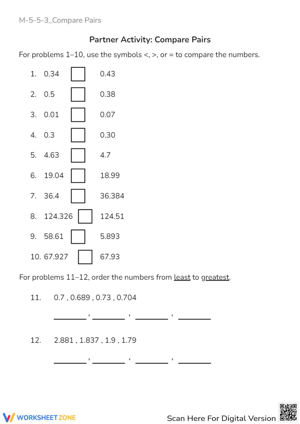 Compare Decimals Worksheet: Ordering & Comparing Pairs (Grades 4-6) - Page 1