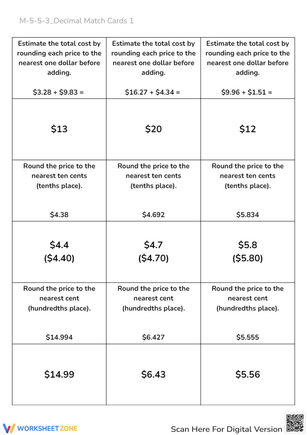 Decimal Rounding Match - Money Math Worksheet for Grades 4-6 - Page 1