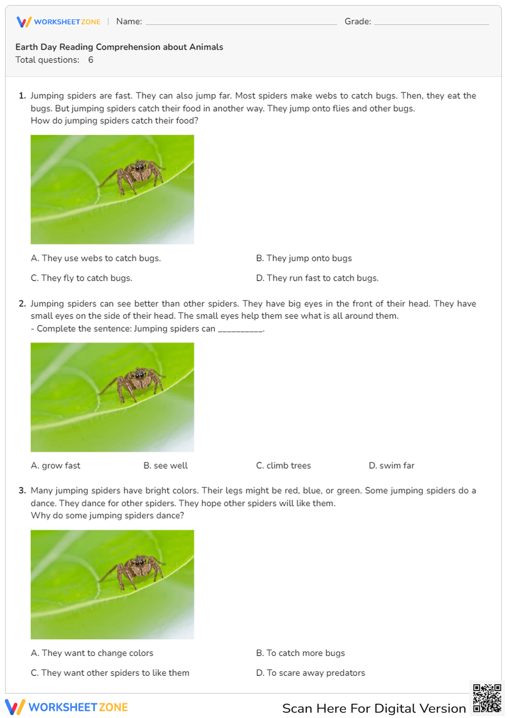 Earth Day Reading Comprehension About Animals - Page 1