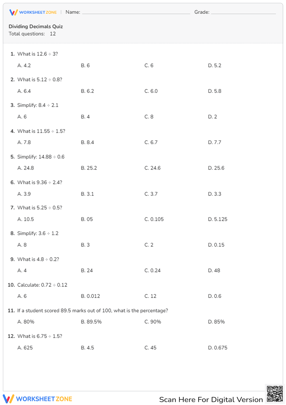 Dividing Decimals Quiz - Page 1