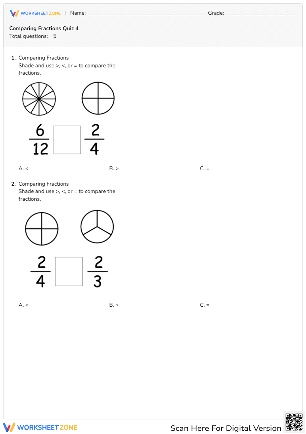 Comparing Fractions With Unlike Denominators - Page 1