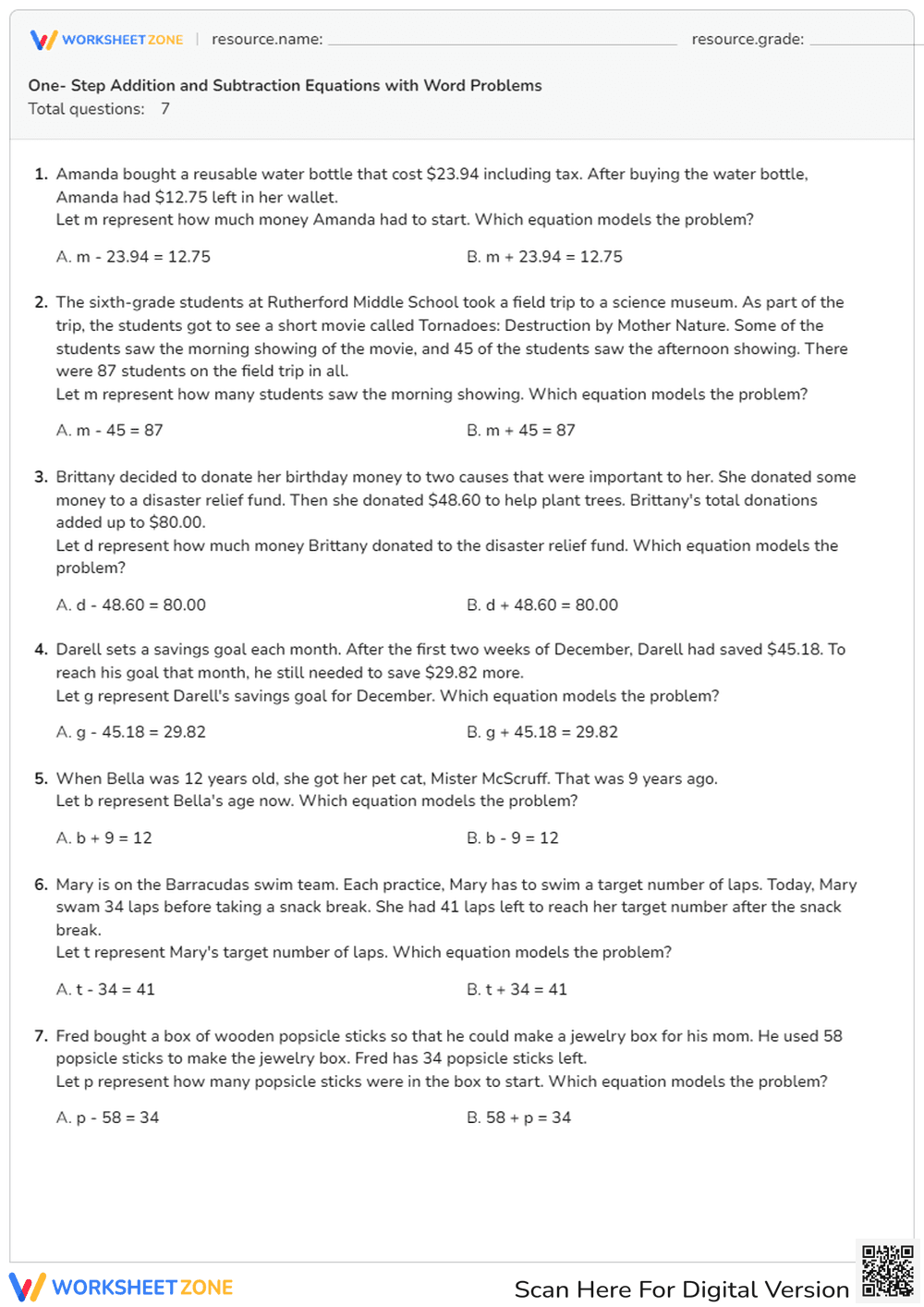One-Step Addition & Subtraction Equations: Word Problems - Page 1