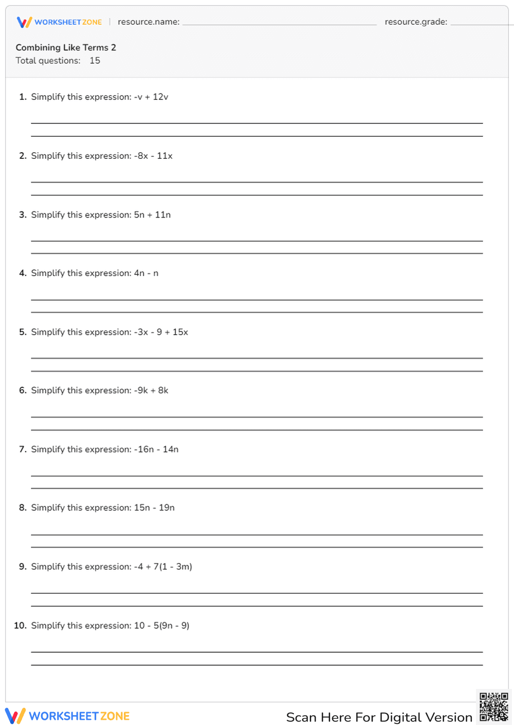 Combining Like Terms 2 - Page 1