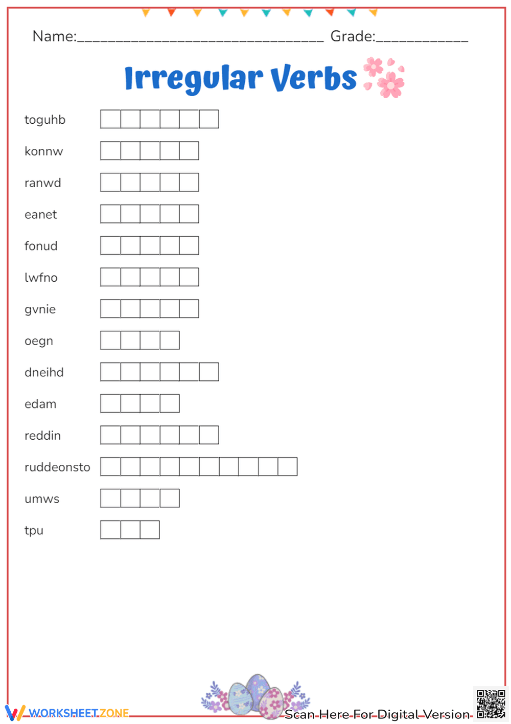 Irregular Verbs Unscramble Worksheet - Page 1