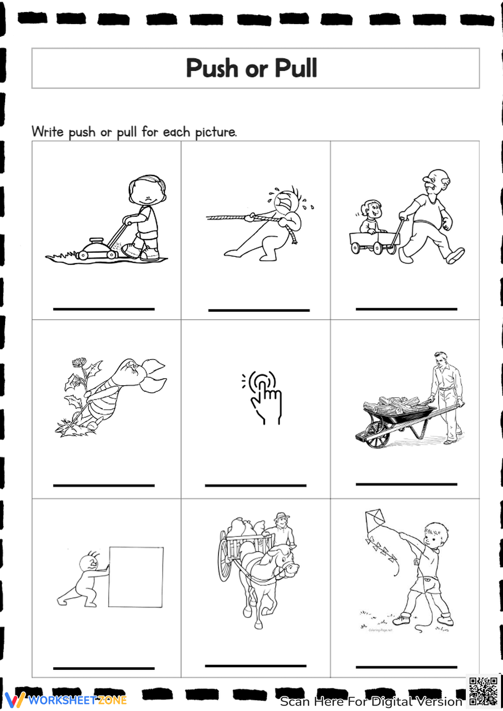 Push or Pull Worksheet - Forces & Motion for K-1st Grade - Page 1