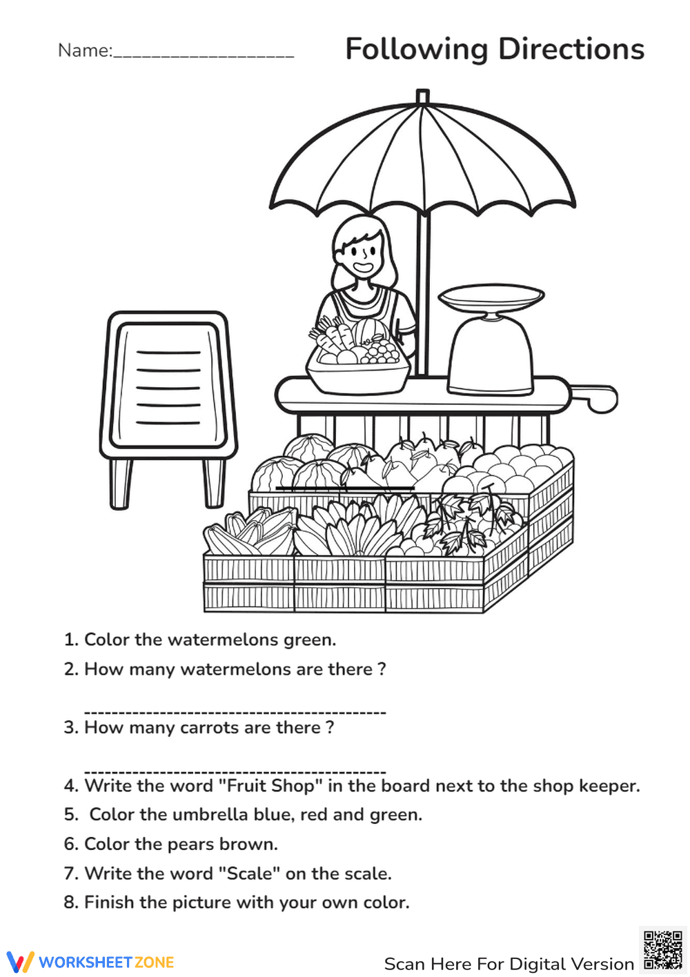 Fruit & Veggie Stand: Following Directions Worksheet - Color & Count - Page 1