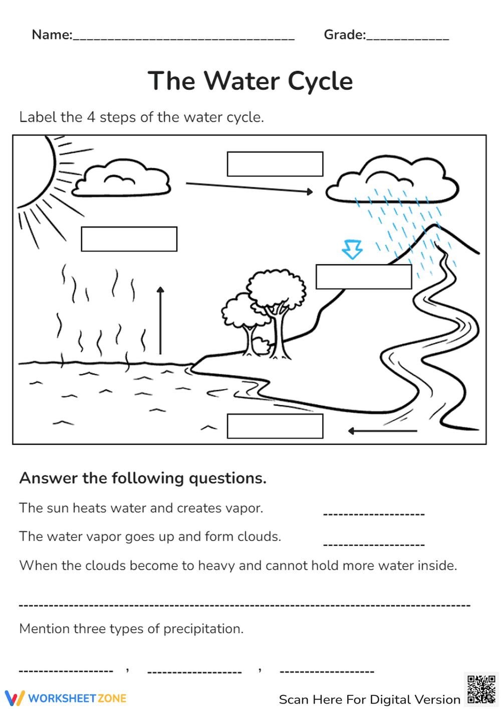 Water Cycle Diagram & Fill-in: Science Worksheet for Grades 2-4 - Page 1