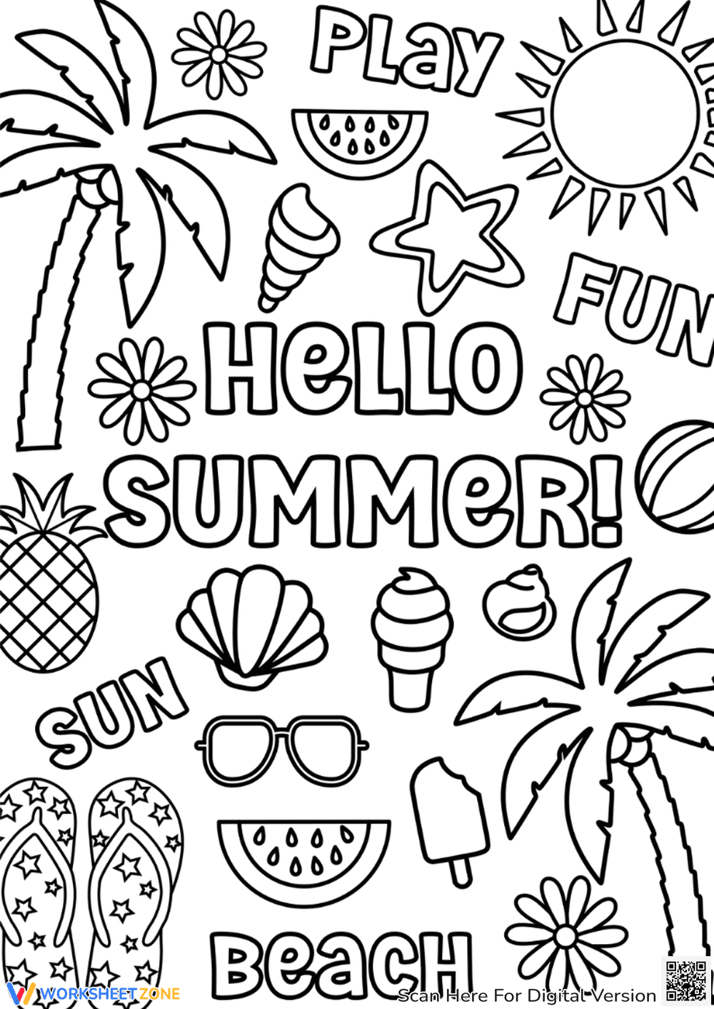 Hello Summer! Coloring Page - Fun Beach Theme for Kids - Page 1