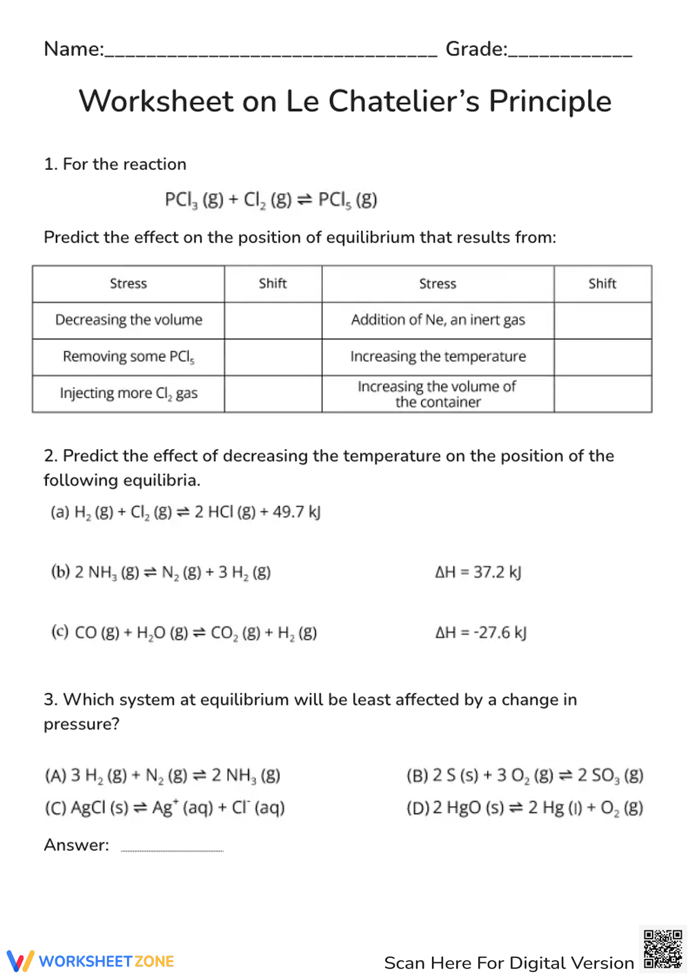 Worksheet on Le Chatelier's Principle for Chemistry - Page 1