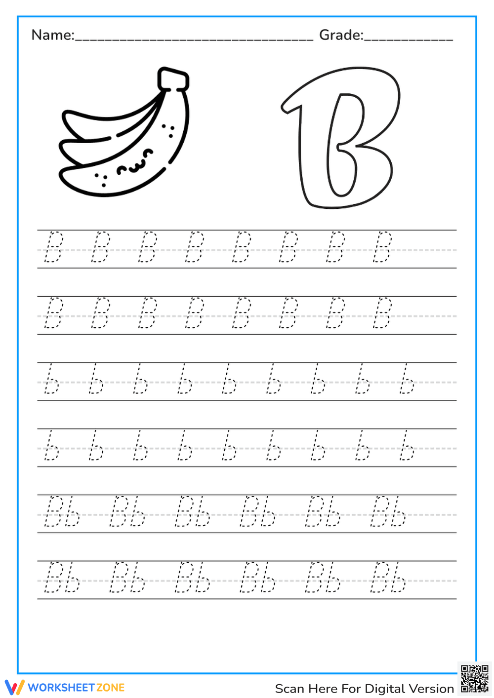 Letter B for Banana Tracing Worksheet - Page 1
