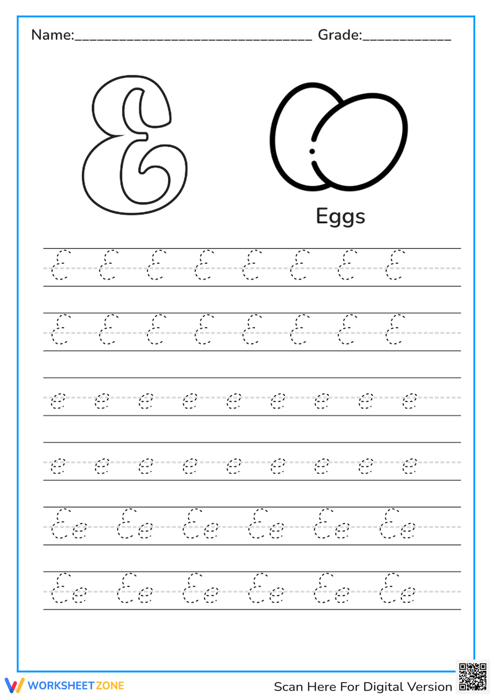 Letter E for Eggs Tracing Worksheet - Page 1