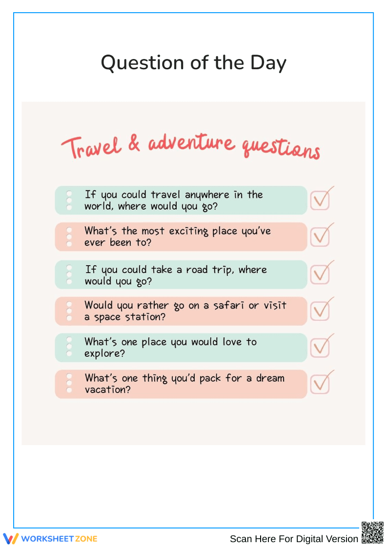 Travel & Adventure Questions Worksheet - Page 1
