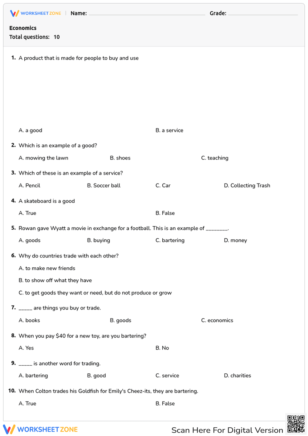 Economics Quiz: Goods, Services, and Bartering - Page 1