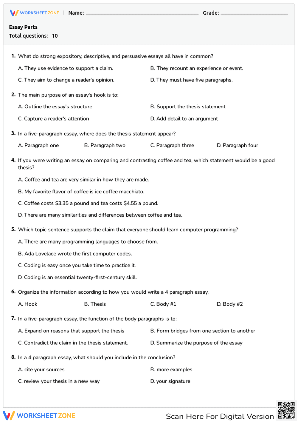 Essay Parts: Hook, Thesis, and Topic Sentences - Page 1