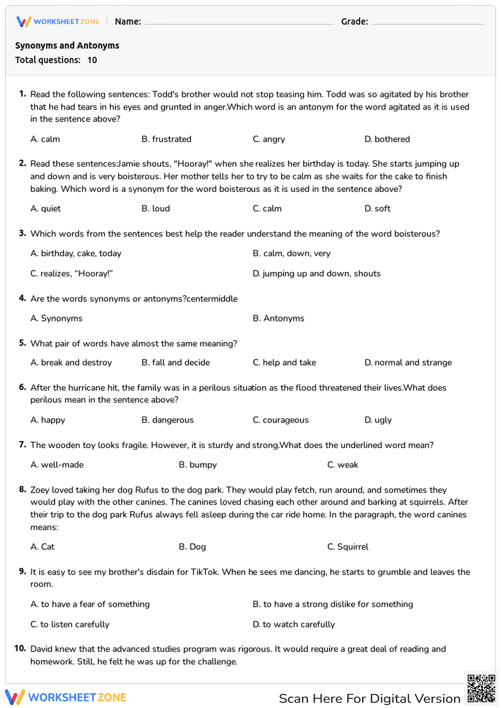 Synonyms and Antonyms Quiz: Language Study - Page 1